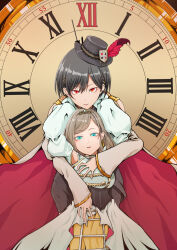  2girls analog_clock bare_shoulders black_hair black_hat blue_eyes cape ceras_yanagida_lilienfeld clock clothing_cutout commentary cowboy_shot crinoline edel_note edelied feathers hair_ornament hat hat_feather highres katsuragi_izumi link!_like!_love_live! long_hair long_sleeves looking_at_viewer love_live! multiple_girls red_cape red_eyes red_feathers roman_numeral shoulder_cutout skirt triangle_hair_ornament virtual_youtuber yellow_skirt yuutai 
