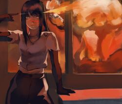  1girl absurdres arm_support black_gloves black_hair black_pants chainsaw_man closed_mouth commentary elbow_gloves finger_gun finger_gun_to_head gloves grey_shirt highres koffre3 long_hair looking_at_viewer mushroom_cloud pants scar scar_on_cheek scar_on_face scar_on_nose shirt solo torn_clothes torn_sleeves window yellow_eyes yoru_(chainsaw_man) 