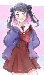  1girl :d absurdres arm_behind_back black_hair brown_dress cardigan colored_inner_hair commentary double_bun dress hair_bun hasu_no_sora_school_uniform highres link!_like!_love_live! long_hair long_sleeves looking_at_viewer love_live! medium_dress multicolored_hair neckerchief open_cardigan open_clothes open_mouth pink_background pink_hair pleated_dress purple_cardigan red_neckerchief sailor_collar sailor_dress school_uniform shirin_mion single_off_shoulder sleeves_past_wrists smile solo star_(symbol) takiaseee teeth two_side_up upper_teeth_only violet_eyes white_sailor_collar winter_uniform 