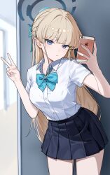  1girl absurdres black_skirt blue_archive blue_bow blue_bowtie blue_eyes blue_halo blunt_bangs bow bowtie braid breasts cellphone closed_mouth commentary_request cowboy_shot crown_braid dot_nose dress_shirt hair_ornament halo highres holding holding_phone indoors iphone long_hair looking_at_phone medium_breasts nozik_1111 phone pleated_skirt school_uniform selfie shirt short_sleeves skirt smartphone solo standing taking_picture toki_(blue_archive) v very_long_hair white_shirt 