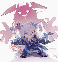  1boy :< ascot black_gloves chibi commentary_request drooling genshin_impact gloves grey_hair head_wings heart heart-shaped_eyes linnea_(genshin_impact) long_hair melusine_(genshin_impact) neuvillette_(genshin_impact) pipipitoto_sou pointy_ears protecting shadow silhouette_demon wings 