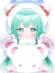  1girl absurdres animal_hood blue_archive blue_halo blush commentary_request drop_shadow fur_hood green_eyes green_hair green_outline hair_flaps halo highres hood long_hair long_sidelocks looking_at_viewer momiji_(blue_archive) open_mouth outline petako_(ptpt_k) red_outline sidelocks simple_background solo upper_body white_background 