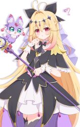  1girl ? absurdres antenna_hair black_bow black_bowtie black_capelet black_dress black_thighhighs blonde_hair bow bowtie braid brooch capelet chinese_commentary commentary cowboy_shot crown_braid cure_arcana_shadow diamond_hairband dress frilled_capelet frilled_cuffs frills gradient_hair hair_bow hair_intakes heart heart_brooch highres holding holding_staff jewelry layered_dress long_hair looking_at_viewer magical_girl mashu-tan medium_dress meitantei_precure! moria_luluka multicolored_hair open_mouth parted_lips pink_eyes precure purple_veil qi_huibai_hua revision shadow simple_background sleeveless sleeveless_dress smile solo staff standing tear_arcana_rod thigh-highs veil white_background 