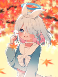  1girl :d absurdres arona_(blue_archive) autumn_leaves blue_archive blue_eyes blue_hair blue_halo blue_shirt blush bow bow_hairband braid braided_sidelock choker colored_inner_hair commentary_request falling_leaves hair_over_one_eye hairband halo highres leaf long_sleeves looking_at_viewer medium_hair midriff multicolored_hair neckerchief open_mouth outdoors petako_(ptpt_k) pink_hair sailor_collar shirt sidelocks single_braid skirt smile solo upper_body white_bow white_choker white_hairband white_neckerchief white_sailor_collar white_skirt yellow_background 