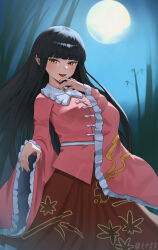  1girl absurdres bamboo_print black_hair bow bowtie chinese_commentary commentary_request frilled_sleeves frills full_moon highres houraisan_kaguya long_hair long_sleeves looking_at_viewer moon night ofuda ofuda_on_clothes open_mouth orange_eyes pink_shirt shirt smile solo tian_zhong_gong_yan touhou very_long_hair white_bow white_bowtie wide_sleeves 