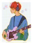  1boy bishounen black_eyes black_headphones blue_sweater boku_no_hero_academia floral_print guitar headphones heart_stickers highres holding holding_instrument instrument long_sleeves male_focus multicolored_hair redhead solo split-color_hair sticker sweater todoroki_shouto white_background white_hair yuugiohz 