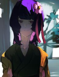  1girl closed_mouth commentary_request flower_hairpin green_background green_kimono hieda_no_akyuu highres hotoke_party japanese_clothes kimono looking_ahead looking_at_viewer medium_hair overlighting plant purple_hair smile solo straight-on touhou upper_body violet_eyes 
