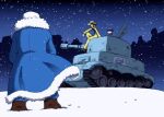  3boys advance_wars amatera blue_headwear colin_(advance_wars) cowboy_hat grit_(advance_wars) hat military military_vehicle motor_vehicle multiple_boys night night_sky sky snow snowing tank whip_(advance_wars) white_headwear 