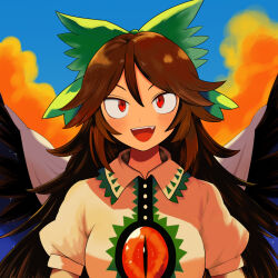  1girl bird_wings black_wings blue_sky blush bollzzalguy bow breasts brown_hair cape chest_eye clouds collared_shirt commentary_request day green_bow hair_bow highres large_breasts long_hair looking_at_viewer open_mouth puffy_short_sleeves puffy_sleeves red_eyes reiuji_utsuho shirt short_sleeves sky smile solo starry_sky_print teeth third_eye touhou two-sided_cape two-sided_fabric upper_body upper_teeth_only white_cape white_shirt wings 