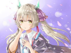  1girl absurdres ayaro_(genkiloobaii) black_robe blunt_bangs blunt_ends blush collared_shirt commentary day eyelashes eyes_visible_through_hair fake_horns floating_hair grey_hair hair_between_eyes hair_ribbon hand_on_own_cheek hand_on_own_face hands_up heaven_burns_red highres hime_cut horns long_hair long_sleeves looking_at_viewer neck_ribbon ogasahara_hisame open_clothes open_mouth open_robe outdoors petals purple_background purple_ribbon ribbon robe shirt sidelighting sidelocks simple_background solo tareme twintails very_long_hair white_shirt wide_sleeves yellow_eyes 