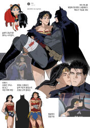  1boy 2girls absurdres assertive_female bat_mask batman batman_(series) batman_symbol belt black_cape black_hair bodysuit bruce_wayne cape carrying carrying_person chamsut0905 commentary_request dc_comics diana_prince grey_bodysuit highres justice_league kiss korean_commentary long_hair multicolored_bodysuit multiple_girls multiple_persona muscular muscular_female princess_carry superhero_costume superman two-tone_bodysuit utility_belt wonder_woman 