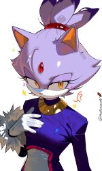  1girl ? animal_ears animal_nose artist_name blaze_the_cat body_fur breasts cat_ears cat_girl closed_mouth commentary english_commentary eyelashes food forehead_jewel from_above fruit fruitcrunchi fur-trimmed_gloves fur_trim furry furry_female gloves gold_necklace hair_tie half-closed_eyes hand_on_own_chest highres jacket jewelry light_frown long_eyelashes long_sleeves looking_at_viewer necklace purple_fur purple_jacket signature simple_background small_breasts solo sonic_(series) sparkle speech_bubble spoken_question_mark strawberry topknot twitter_username two-tone_fur upper_body white_background white_gloves yellow_eyes 