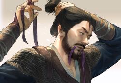  1boy absurdres beard belt black_hair blue_robe brown_belt brown_eyes chinese_commentary chinstrap_beard commentary_request dressing facial_hair gauntlets grey_background hair_bun highres hua_bucheng lips male_focus mature_male mouth_hold mustache portrait purple_ribbon realistic ribbon ribbon_in_mouth robe short_hair simple_background solo soul_patch where_winds_meet yi_dao_(where_winds_meet) 