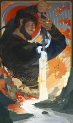  absurdres beard black_hair blue_robe blue_sky border brown_eyes chinese_clothes chinese_commentary chinstrap_beard closed_mouth clouds commentary_request facial_hair fire from_side gauntlets hair_bun headband highres holding holding_sword holding_weapon house hua_bucheng lips male_focus mature_male mustache outside_border realistic river robe sky smoke soul_patch sun sword upper_body weapon where_winds_meet yi_dao_(where_winds_meet) 