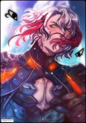  1boy armor black_gloves cleavage_cutout clothing_cutout fate/grand_order fate_(series) gloves hair_over_mouth highres maewenmitzuki male_focus multicolored_hair odysseus_(fate) orange_eyes pectoral_cleavage pectorals red_streaks short_hair solo streaked_hair upper_body white_hair 