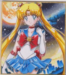  1girl back_bow bishoujo_senshi_sailor_moon blonde_hair blue_eyes blue_sailor_collar blue_skirt bow breasts building chikoto_(kztc4472) choker city clenched_hand closed_mouth collarbone commentary cowboy_shot crescent crescent_earrings double_bun earrings elbow_gloves full_moon gem gloves gold_tiara hair_bun hair_ornament hand_up highres jewelry leotard light_blush lone_nape_hair long_hair looking_at_viewer magical_girl medium_breasts miniskirt moon night outdoors outline parted_bangs photo_(medium) picture_frame pleated_skirt red_bow red_choker red_gem red_trim sailor_collar sailor_moon sailor_senshi_uniform short_sleeves skirt sky skyline smile solo standing star_(sky) starry_sky tiara traditional_media transformation_brooch_(sailor_moon) tsukino_usagi twintails very_long_hair white_gloves white_leotard white_outline 