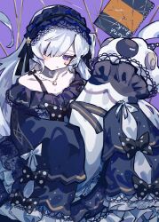  1girl bare_shoulders blue_hairband bow closed_mouth commentary_request dress empty_eyes feet_out_of_frame frilled_dress frills gothic_lolita hair_over_one_eye hairband highres holding holding_pillow lolita_fashion lolita_hairband long_hair long_sleeves looking_at_viewer mahou_shoujo_no_majo_saiban maro4ka natsume_an-an one_side_up pillow polka_dot polka_dot_bow sketchbook sleeves_past_fingers sleeves_past_wrists solo stuffed_animal stuffed_sheep stuffed_toy very_long_hair violet_eyes white_hair 