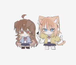  2girls ahoge animal_ear_fluff animal_ears artist_request black_shoes blue_eyes blue_skirt brown_eyes cat_ears cat_girl cat_tail chibi chibi_only chiyoda_momo closed_mouth demon_tail frown highres kemonomimi_mode long_hair machikado_mazoku multiple_girls pink_hair school_uniform shoes short_hair skirt tail tail_wagging white_background white_shoes yoshida_yuuko 