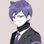  1boy animal_ears armband black_jacket black_sweater brown_eyes cat_boy cat_ears closed_mouth collared_shirt commentary_request grey_background jacket kemonomimi_mode lobotomy_corporation male_focus medu_(rubish) necktie pale_skin portrait project_moon purple_armband purple_hair purple_necktie ribbed_sweater shirt short_hair simple_background solo sweater turtleneck turtleneck_sweater whiskers white_shirt yesod_(project_moon) 