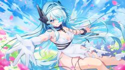  1girl audio_jack bare_legs blue_eyes blue_hair blue_nails blue_sky body_markings broken broken_chain cable cetus_kkk chain chain_leash dress facial_mark flower gloves indie_virtual_youtuber leash long_hair number_tattoo petals sayu_sincronisity sayu_sincronisity_(3rd_costume) single_wrist_cuff sky solo tattoo torn_clothes torn_dress virtual_youtuber white_dress white_gloves wrist_cuffs 
