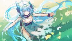  1girl black_collar blue_eyes blue_hair body_markings breasts broken broken_chain cable canvas_texture cetus_kkk chain closed_mouth clothing_cutout collar commentary_request dress facial_mark glove_cutout gloves glowing glowing_eyes grass hair_ornament headgear hip_tattoo indie_virtual_youtuber long_hair medium_breasts number_tattoo sayu_sincronisity sayu_sincronisity_(3rd_costume) single_wrist_cuff smile solo tattoo torn_clothes torn_dress virtual_youtuber white_dress white_gloves wrist_cuffs 