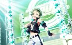  1boy belt black_hairband fingerless_gloves fingernails gloves green_eyes green_hair hairband highres idolmaster idolmaster_side-m idolmaster_side-m_live_on_stage! jewelry male_focus midriff mitarai_shouta navel necklace official_art open_mouth sleeveless sleeveless_jacket solo teeth upper_teeth_only 