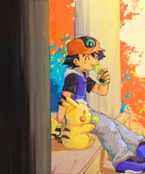  1boy ^_^ ash_ketchum baseball_cap black_gloves black_shirt blue_hoodie blue_shoes closed_eyes commentary_request eating fingerless_gloves food full_body gloves grey_pants hat highres holding holding_food holding_ice_cream holding_ice_cream_cone hood hood_down hoodie ice_cream ice_cream_cone male_focus pants pikachu pokemon pokemon_(anime) pokemon_(creature) pokemon_the_series:_ruby_and_sapphire red_hat shirt shoes short_sleeves sitting sleeveless sleeveless_hoodie smile tongue tongue_out umebosibakari2 