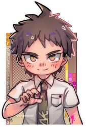 1boy ahoge artist_name blood blood_on_arm brown_eyes brown_hair character_name collared_shirt commentary danganronpa_(series) danganronpa_2:_goodbye_despair derivative_work hinata_hajime looking_at_viewer maewenmitzuki male_focus necktie pink_blood shirt short_hair short_sleeves solo sprite_redraw upper_body white_shirt window_(computing) 