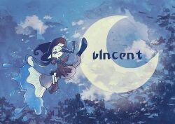  1girl black_boots black_dress black_hat blue_bow blue_eyes blue_sky boots bow braid broom broom_riding closed_mouth clouds commentary_request crescent_moon dress full_body hat highres inkling inkling_girl inkling_player_character long_hair moon mu7_6na night painbrush_(splatoon) pointy_ears short_eyebrows sky smile solo splatoon_(series) splatoon_3 tentacle_hair witch witch_hat 