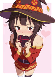  1girl absurdres bare_shoulders belt blush brown_hair chocolate dress hat highres kono_subarashii_sekai_ni_shukufuku_wo! long_sleeves looking_at_viewer megumin red_dress red_eyes ryo4423 short_hair short_hair_with_long_locks solo valentine witch_hat 