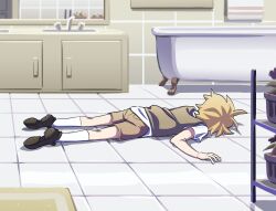  1boy antenna_hair basil_(faraway)_(omori) basil_(omori) bathroom bathtub black_shoes blonde_hair brown_shorts claw_foot_bathtub collared_shirt faucet flower_pot green_sweater_vest highres indoors lying male_focus mirror omori on_floor on_stomach plant potted_plant remi_(mozzaremi) shirt shoes short_hair short_sleeves shorts sink socks solo sweater_vest white_shirt white_socks zetsuai_1989 