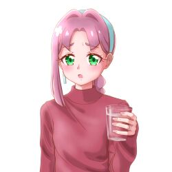  1girl akechi_anna's_mother blue_hairband braid braided_ponytail commentary cup drinking_glass earrings flying_sweatdrops frown hair_intakes hairband highres holding holding_cup jewelry kamihoshi long_hair long_sleeves looking_at_viewer mature_female meitantei_precure! open_mouth parted_bangs precure red_shirt ring shirt simple_background single_braid single_earring single_sidelock solo turtleneck turtleneck_shirt wedding_ring white_background 