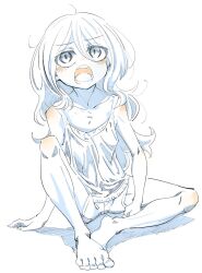  1girl barefoot blush camisole collarbone feet flat_chest full_body hair_between_eyes highres long_hair looking_up monochrome open_mouth original shorts sitting solo spot_color takarai_shunsuke teeth toes 