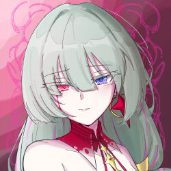  1girl blood blood_from_eyes blue_eyes collar commentary earrings grey_hair heterochromia highres jewelry long_hair looking_at_viewer lyc0ris_radiat4 multicolored_hair parted_lips phrolova_(wuthering_waves) portrait red_collar red_eyes solo streaked_hair wuthering_waves 