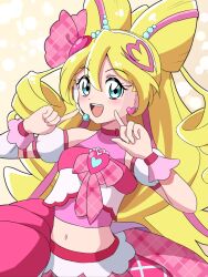  1girl arm_warmers bare_shoulders beads blonde_hair blue_eyes blush bow bow-shaped_hair bow_choker choker collarbone commentary_request crop_top cure_idol detached_sleeves drill_hair earrings fingers_to_cheeks hair_beads hair_between_eyes hair_ornament hair_ribbon hairband hand_up headset heart heart_earrings heart_hair_ornament highres idol idol_clothes idol_heart_brooch_(precure) jewelry kei_yunokawa kimi_to_idol_precure long_hair looking_at_viewer magical_girl midriff multicolored_hair multiple_earrings navel pink_bow pink_hair pink_ribbon pink_shirt pink_skirt pink_wrist_cuffs plaid_bow plaid_ribbon precure puffy_detached_sleeves puffy_sleeves red_bow red_choker ribbon sakura_uta_(precure) scrunchie shirt shirt_bow single_arm_warmer skirt smile solo stomach streaked_hair teeth twintails two-tone_hair upper_body white_arm_warmers white_hairband wrist_cuffs wrist_scrunchie 