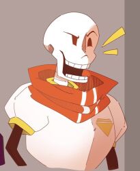  1boy 2023 2d armor border brown_background brown_border commentary cropped cropped_torso digital_media edit english_commentary humanoid male male_focus male_only monster monster_boy onerudegentlman papyrus_(undertale) red_scarf scarf simple_background skeleton solo solo_focus teeth undead undertale utdr_(toby_fox) white_armor 