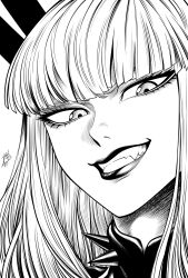  1girl absurdres black_lips blunt_bangs choker close-up collar evil_smile eyelashes eyeliner greyscale highres lipstick long_hair looking_at_viewer magik_(x-men) makeup marvel marvel_rivals monochrome mostlybluewyatt parted_lips signature smile solo spiked_collar spikes 