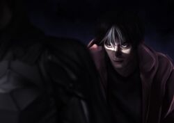  2boys batman batman_(series) batman_symbol black_cape bodysuit cape dc_comics grey_bodysuit highres jason_todd male_focus multicolored_bodysuit multiple_boys red_hood_(dc) superhero_costume taut_bodysuit vimofandango 