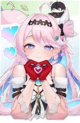  1boy 1girl absurdres ahoge bare_shoulders black_bow blue_eyes blue_hair bow breasts closed_mouth colored_inner_hair commentary_request denia_(wuthering_waves) detached_sleeves gloves hair_bow hair_ornament heart heart_hands highres long_hair looking_at_viewer male_rover_(wuthering_waves) medium_breasts multicolored_hair notice_lines pink_hair red_gloves rover_(wuthering_waves) smile solo_focus u_u2_12 upper_body wuthering_waves 