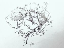  2girls blush collared_shirt commentary_request hairband hand_grab hand_on_another's_cheek hand_on_another's_face heart heart_of_string komeiji_koishi komeiji_satori long_sleeves looking_at_another lying menotama missing_headwear multi-source_commentary multiple_girls on_side shirt short_hair siblings sisters sleeping touhou traditional_media under_covers 