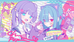  2girls ahoge animal_ear_hairband animal_ears animal_print aqua_eyes bandaid bandaid_on_cheek bandaid_on_face blue_border blue_hair border candy cardigan cat_ear_hairband cat_ears cat_print cellphone cherry_print collage_background collared_shirt colorful_background commentary_request cursor diagonal-striped_background drawn_whiskers english_text eumi_114 fake_animal_ears food food_in_mouth food_print fruit_print hair_ornament hair_over_one_eye hairband heart heart_hair_ornament highres holding holding_phone holding_shirt holding_unworn_clothes ice_cream_print lollipop lollipop_in_mouth long_hair long_sleeves looking_at_viewer loose_neck_ribbon medium_hair multiple_girls neck_ribbon no_pupils one_side_up original phone pink_sleeves plaid_ribbon purple_cardigan purple_hair purple_ribbon red_eyes ribbon school_uniform shirt sidelocks smartphone spoken_heart star_(symbol) star_hair_ornament striped_background translation_request twintails unworn_shirt v white_shirt 