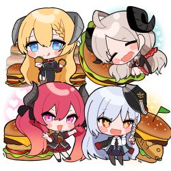  +_+ 4girls :3 :d :q ahoge akari_(blue_archive) black_dress black_hat black_horns black_jacket black_necktie black_pantyhose black_shirt black_shoes blonde_hair blue_archive blue_eyes blue_hair blue_skirt blush_stickers bow braid brown_thighhighs bunnyjiry_(jirynyang) burger chibi chibi_only closed_eyes closed_mouth collared_shirt commentary double-parted_bangs double_horizontal_stripe dress drooling english_commentary flag food full_body garter_straps gourmet_research_society_(blue_archive) grey_hair grey_horns hair_between_eyes hair_bow hair_ornament hair_scrunchie hand_up hands_up haruna_(blue_archive) hat heart highres holding holding_burger holding_food horns izumi_(blue_archive) jacket jacket_on_shoulders junko_(blue_archive) long_hair long_sleeves looking_at_viewer lying miniskirt multiple_girls neck_ribbon necktie no_shoes on_side open_clothes open_jacket open_mouth orange_bow pantyhose parted_bangs pink_eyes pink_pupils plaid_clothes plaid_skirt pleated_skirt red_eyes red_hair red_necktie red_ribbon red_scrunchie red_skirt ribbon scrunchie shirt shoes short_sleeves signature simple_background skirt sleeping smile standing striped_clothes striped_skirt taiyaki thigh-highs tongue tongue_out twintails untucked_shirt v-shaped_eyebrows very_long_hair w wagashi white_background white_shirt wide_sleeves 