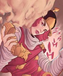  1girl absurdres artist_name black_hat bodysuit capelet clothing_cutout comic_panel_redraw cream_starter_(stand) derivative_work english_commentary flower_ornament fuwadeer grey_bodysuit hat highres holding jojo_no_kimyou_na_bouken leaf_ornament lips long_sleeves looking_at_viewer parted_lips pink_capelet pink_eyes pink_hair pink_lips ribbed_bodysuit short_hair shoulder_cutout solo sound_effects stand_(jojo) steel_ball_run upper_body 