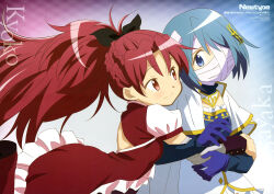  2girls absurdres aqua_hair bandaged_head bandages black_ribbon blue_eyes blue_gloves blush cape closed_mouth dress gloves hair_between_eyes highres hug long_hair looking_at_another magazine_scan mahou_shoujo_madoka_magica miki_sayaka multiple_girls newtype official_art red_dress red_hair ribbon sakura_kyoko scan short_hair sidelocks smile white_cape 