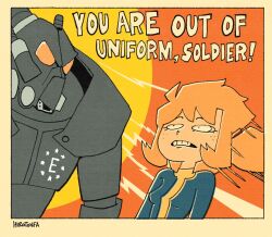  1boy 1girl armor artist_name border commentary enclave_(fallout) english_commentary fallout fallout_2 freckles height_difference hirotonfa motion_lines orange_background orange_hair power_armor power_armor_(fallout) sergeant_archer_dornan shouting size_difference speed_lines sun teeth the_chosen_one vault_suit 