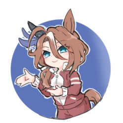  animal_ears beer_hsk blue_background blue_eyes border brown_hair closed_mouth hair_between_eyes horse_ears horse_girl horse_tail jacket long_sleeves multicolored_hair pants puffy_long_sleeves puffy_sleeves red_jacket red_pants round_border smile sounds_of_earth_(umamusume) streaked_hair tail track_jacket track_pants track_suit umamusume white_background white_hair 