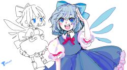  1girl back_bow blue_dress blue_hair blush bow bowtie cirno collared_shirt detached_wings dress frilled_dress frills hair_ribbon ice ice_wings komunhorangi long_dress puffy_short_sleeves puffy_sleeves ribbon shirt shoes short_sleeves smile socks touhou white_background wings 