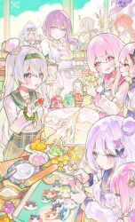 1boy 6+girls absurdres baking baseball_bat blue_eyes breasts cake castorice_(honkai:_star_rail) chinese_commentary commentary_request cyrene_(honkai:_star_rail) cyrene_(philia093)_(honkai:_star_rail) dress dual_persona evernight_(honkai:_star_rail) firefly_(honkai:_star_rail) food fruit green_hairband green_skirt grey_hair hair_ornament hairband handheld_game_console highres himeko_(honkai:_star_rail) holding holding_handheld_game_console holding_pastry_bag honkai:_star_rail honkai_(series) jar kafka_(honkai:_star_rail) large_breasts long_hair march_7th_(honkai:_star_rail) multicolored_eyes multiple_girls orange_eyes pastry_bag pink_hair playing_games purple_hair red_hair school_uniform serafuku silver_wolf_(honkai:_star_rail) skirt skott_(honkai:_star_rail) smile stelle_(honkai:_star_rail) strawberry trailblazer_(honkai:_star_rail) two-tone_eyes very_long_hair violet_eyes white_dress white_serafuku xianyuzi yellow_eyes 
