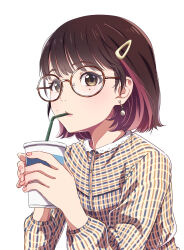  1girl ao_ringo_(nn_aa) bad_id bad_twitter_id black-framed_eyewear brown_eyes brown_hair closed_mouth colored_inner_hair cup disposable_cup drinking drinking_straw drinking_straw_in_mouth earrings glasses hair_ornament hairclip hands_up highres holding holding_cup jewelry long_sleeves looking_at_viewer mole mole_under_eye multicolored_hair original round_eyewear short_hair simple_background solo sweater upper_body white_background yellow_sweater 
