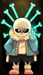  1boy 2016 2d :< artist_name black_background black_shorts blue_jacket bone cute digital_media drawstring flaming_hand floating_object full_body fur-trimmed_jacket fur_trim glowing glowing_eye hand_in_pocket hand_up highres hollow_eyes humanoid index_finger_raised jacket long_sleeves male male_focus male_only misuimin monster monster_boy open_clothes open_jacket pink_slippers pinstripe_pattern pinstripe_sweater sans_(undertale) shorts simple_background single_vertical_stripe skeleton slippers socks solo spanish_commentary standing striped_clothes striped_shorts sweater teeth undead undertale utdr_(toby_fox) v-shaped_eyebrows vertical-striped_clothes vertical-striped_shorts white_fur white_socks white_stripes yellow_sweater 